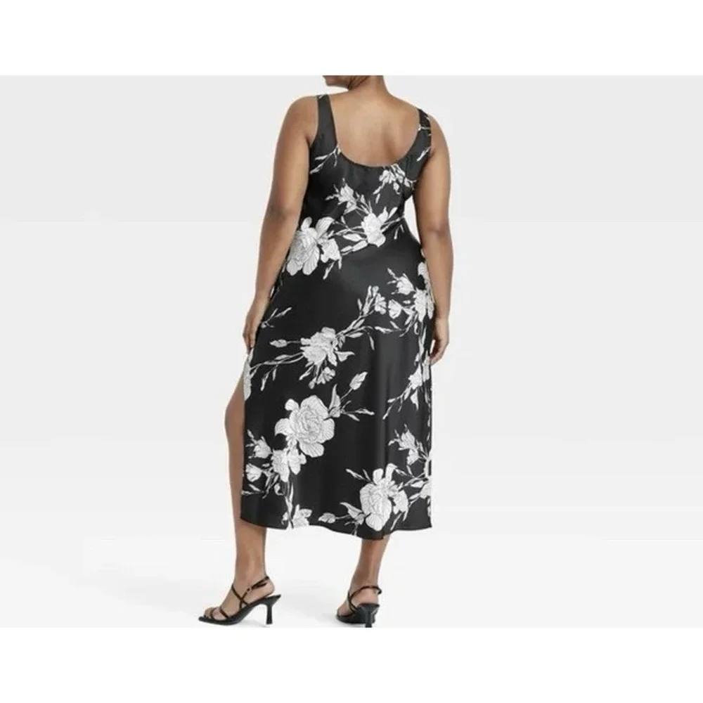 A New Day Sleeveless Black Floral Satin Maxi Slip Dress 2X 2XL‎ Side Slit Luxury